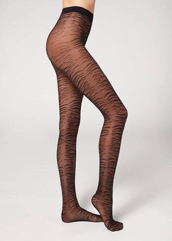Calzedonia Flocked Tiger Text 50 Denier Patterned Strumpbyxor Dam Svarta | SE3094GL